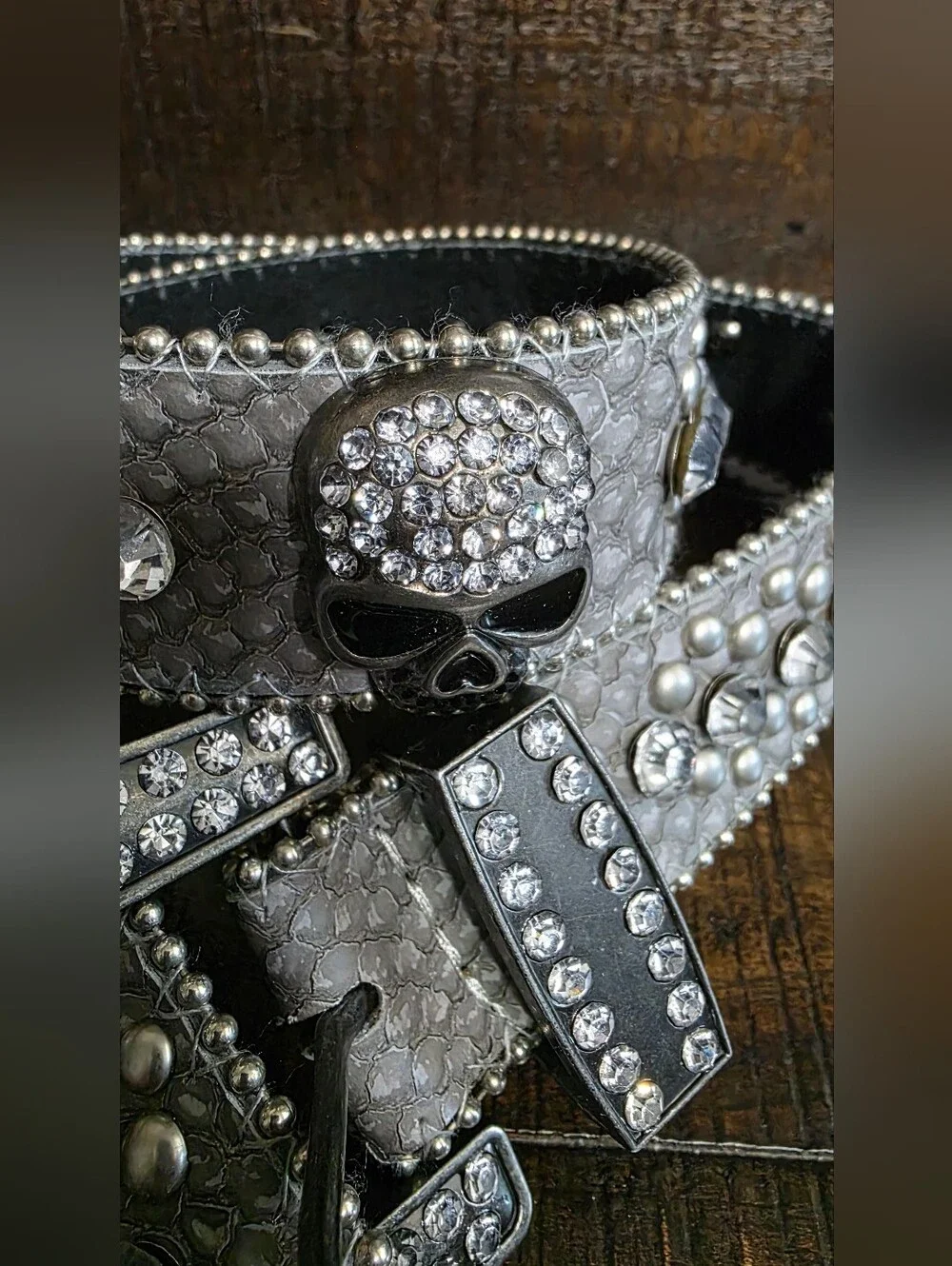 Skull And Rhinestone Studded Snakeskin Belt Grey Blingy 35